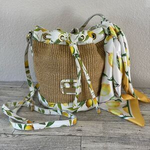 Valentina Italian Raffia & Leather Lemon Print Bucket Bag With Scarf